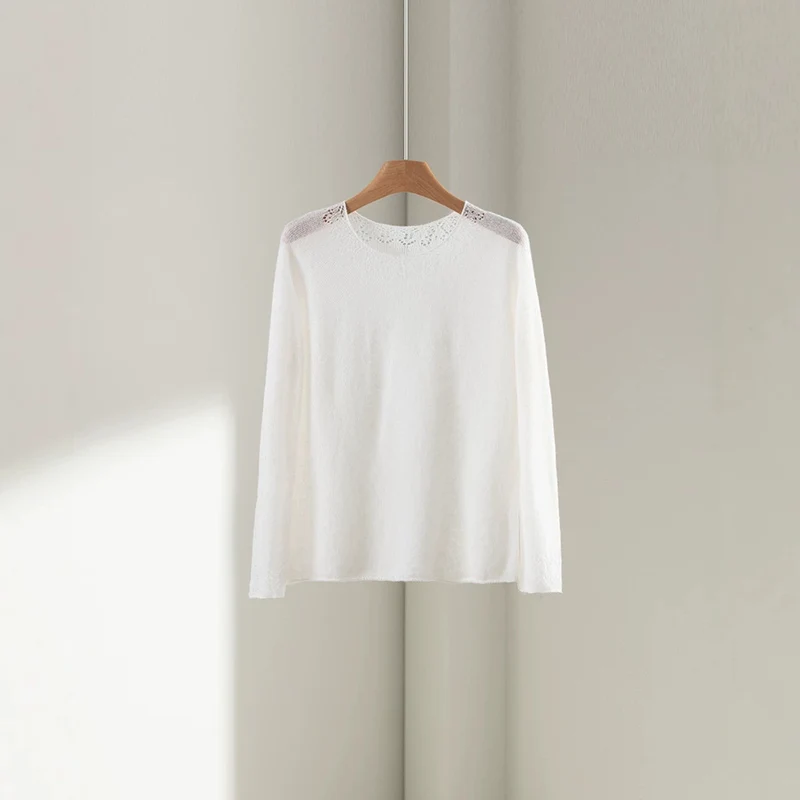 Damen Feiner Rundhals-Pullover mit Spitzenstrick-Detail Drune