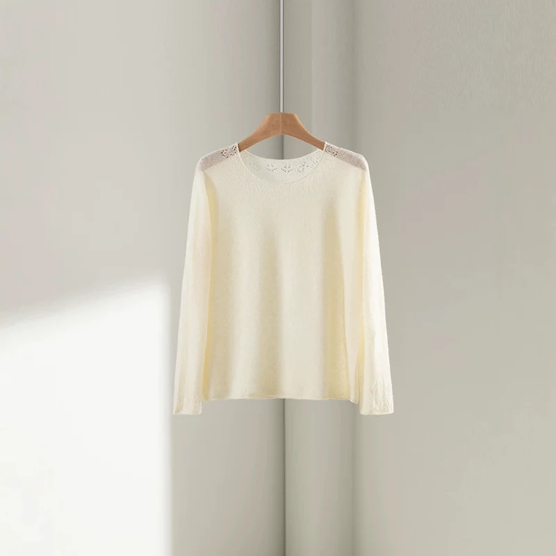 Damen Feiner Rundhals-Pullover mit Spitzenstrick-Detail Drune