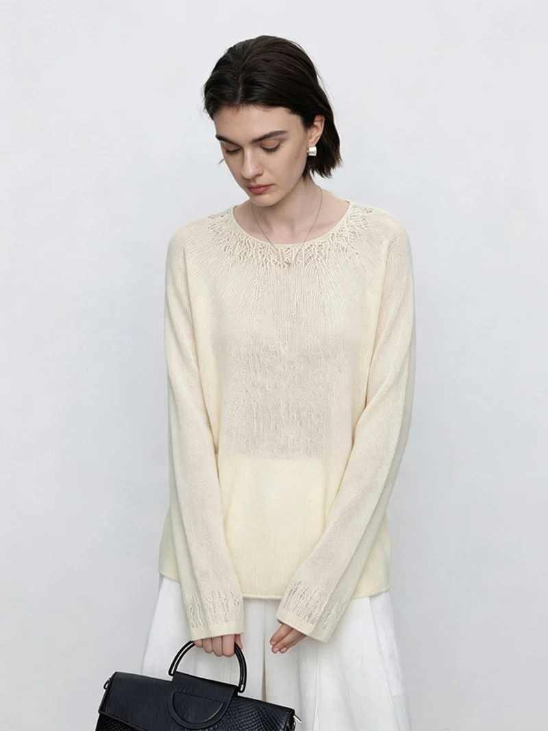 Damen Feiner Rundhals-Pullover mit Spitzenstrick-Detail Drune