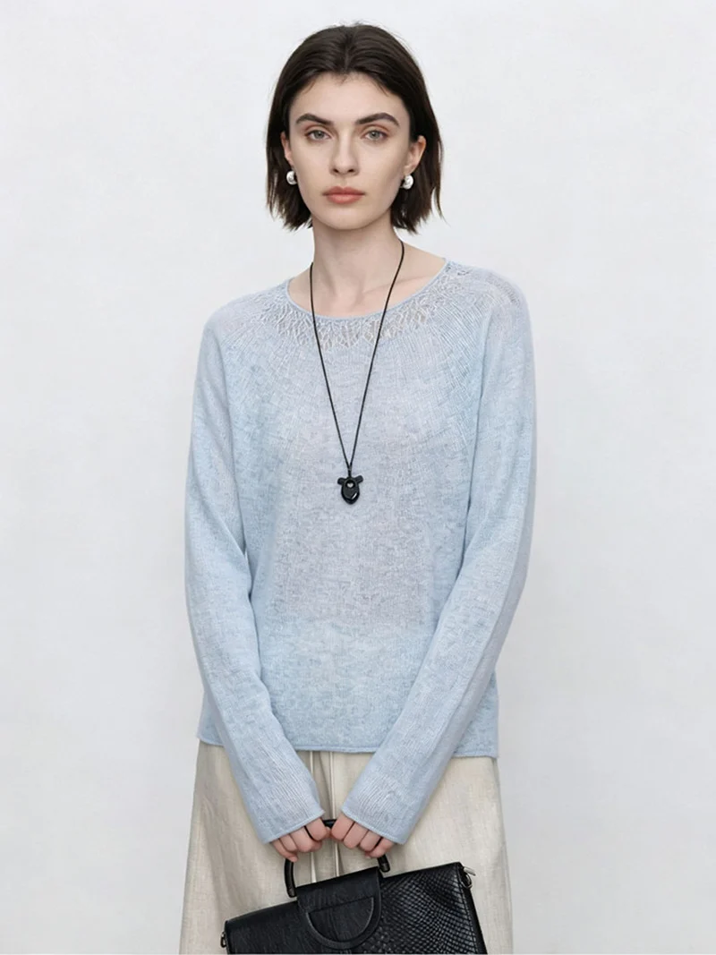 Damen Feiner Rundhals-Pullover mit Spitzenstrick-Detail Drune