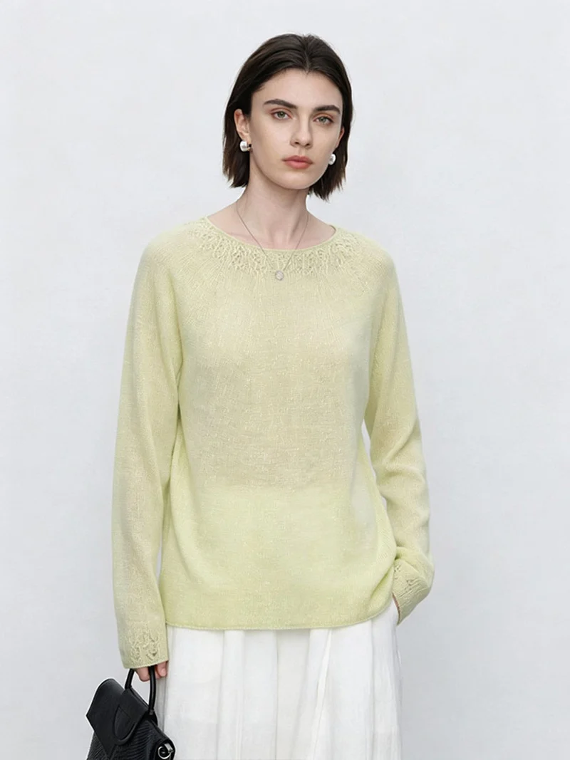 Damen Feiner Rundhals-Pullover mit Spitzenstrick-Detail Drune