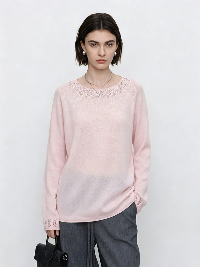Damen Feiner Rundhals-Pullover mit Spitzenstrick-Detail Drune