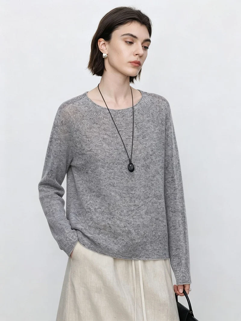 Damen Feiner Rundhals-Pullover mit Spitzenstrick-Detail Drune