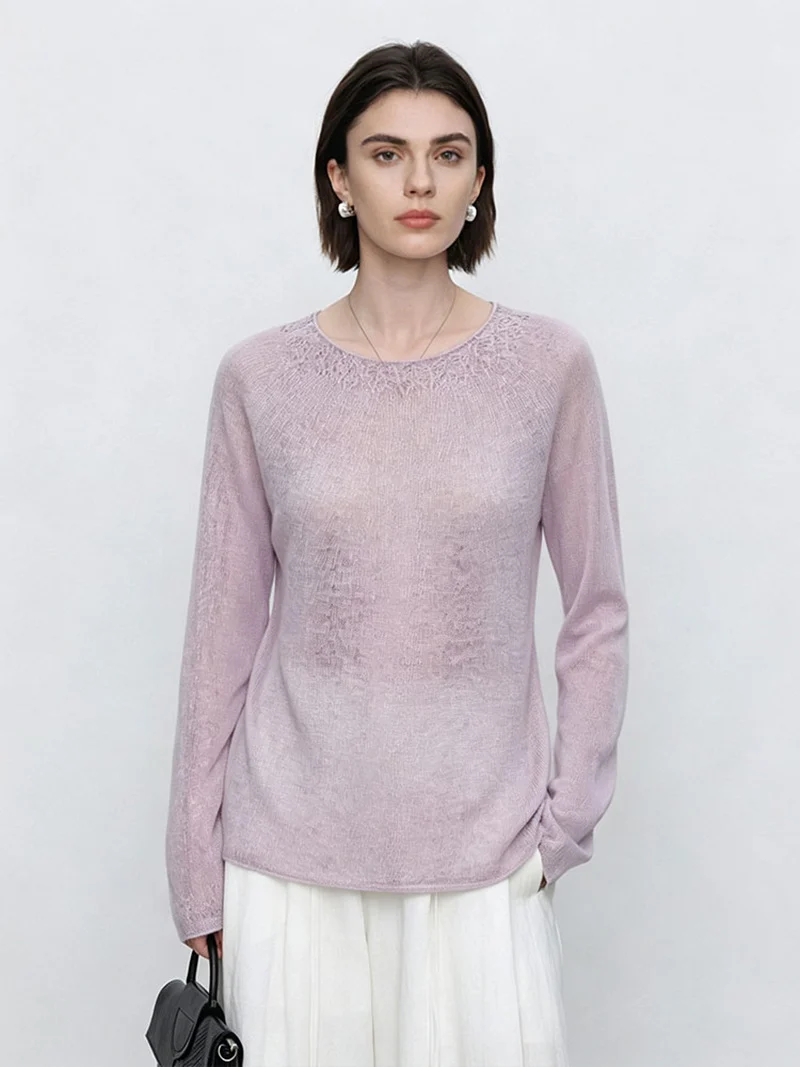 Damen Feiner Rundhals-Pullover mit Spitzenstrick-Detail Drune