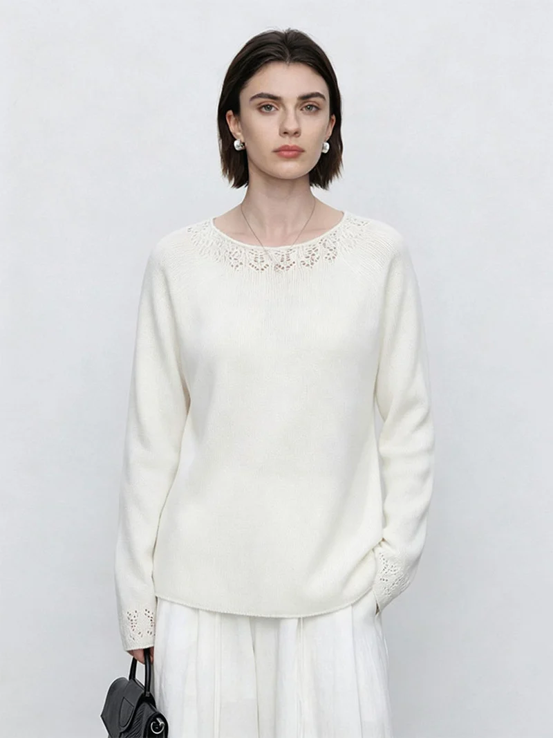 Damen Feiner Rundhals-Pullover mit Spitzenstrick-Detail Drune