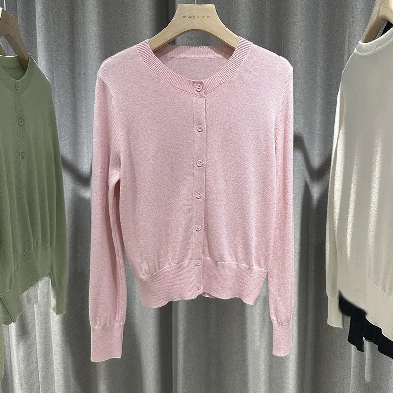 Damen Feiner Rundhals-Feinstrick-Cardigan mit schmaler Silhouette & verlängerten Bündchen Drune