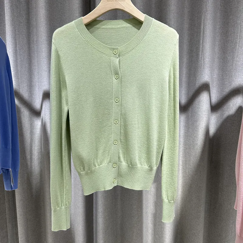 Damen Feiner Rundhals-Feinstrick-Cardigan mit schmaler Silhouette & verlängerten Bündchen Drune