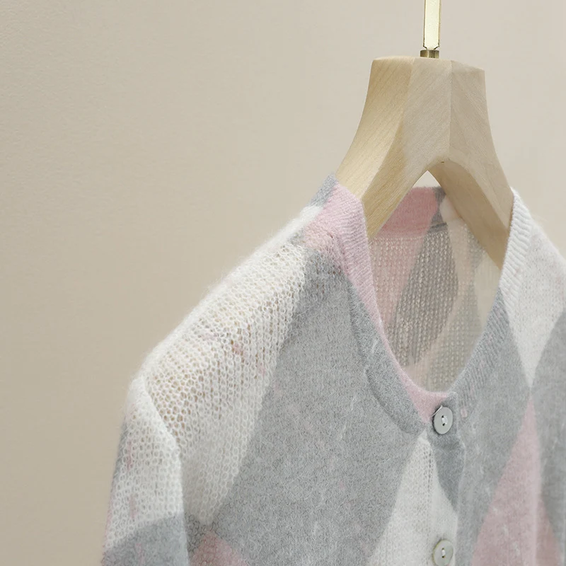 Damen Feiner Rundhals-Cardigan mit Rauten‑Argyle‑Muster aus leichtem Feinstrick Drune