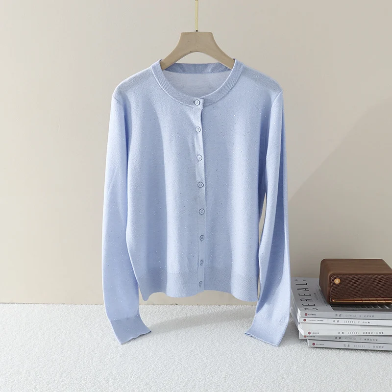 Damen Feiner Rundhals-Cardigan aus leichtem Feinstrick mit Perlmuttknopfleiste und dezentem Glitzereffekt Drune