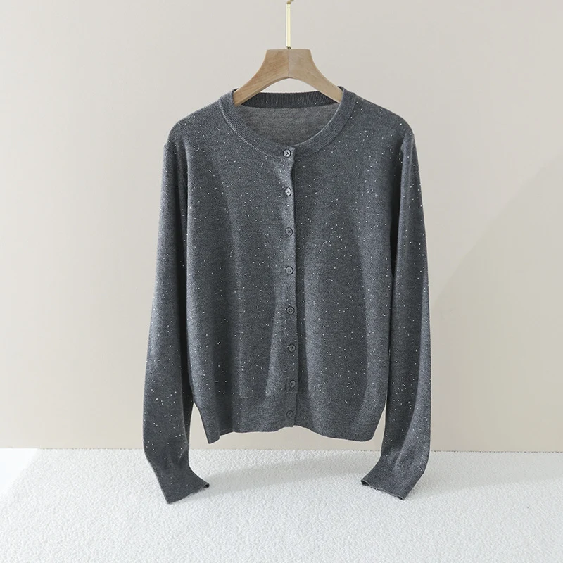 Damen Feiner Rundhals-Cardigan aus leichtem Feinstrick mit Perlmuttknopfleiste und dezentem Glitzereffekt Drune