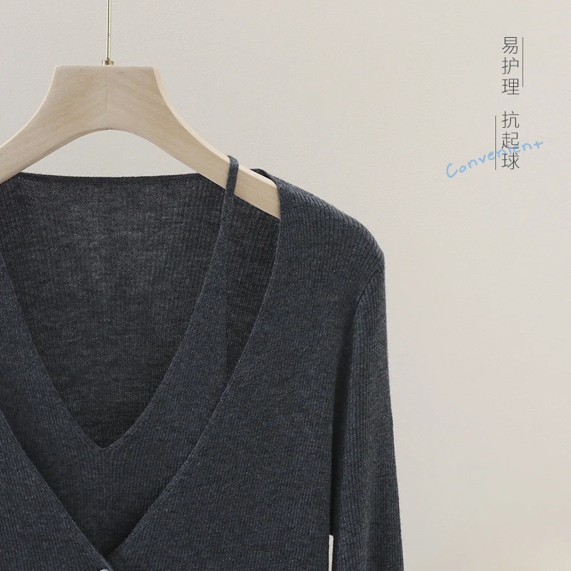 Damen feiner Rippstrick-Cardigan mit integriertem Spaghettitop und tiefem V-Ausschnitt Drune