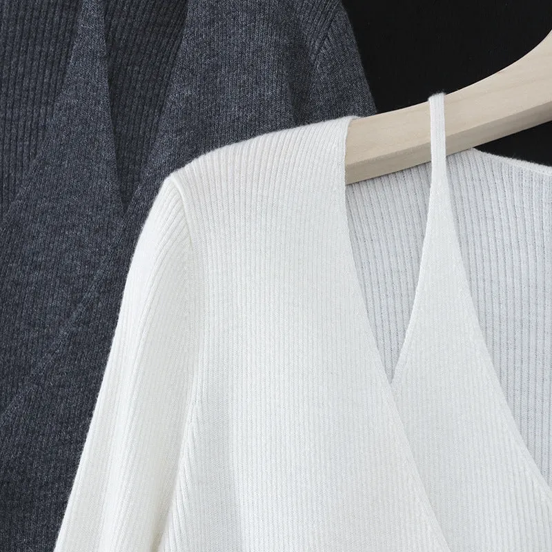 Damen feiner Rippstrick-Cardigan mit integriertem Spaghettitop und tiefem V-Ausschnitt Drune
