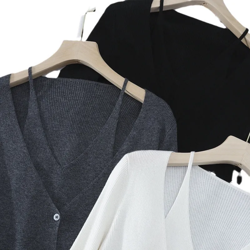 Damen feiner Rippstrick-Cardigan mit integriertem Spaghettitop und tiefem V-Ausschnitt Drune