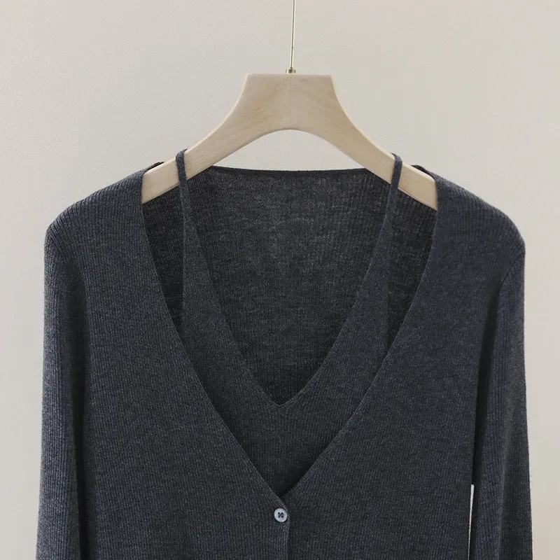 Damen feiner Rippstrick-Cardigan mit integriertem Spaghettitop und tiefem V-Ausschnitt Drune