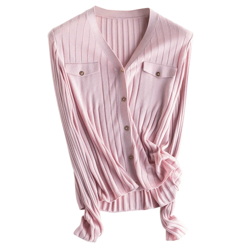 Damen Feiner gerippter Knopfcardigan mit V‑Ausschnitt und Brustklappen Drune