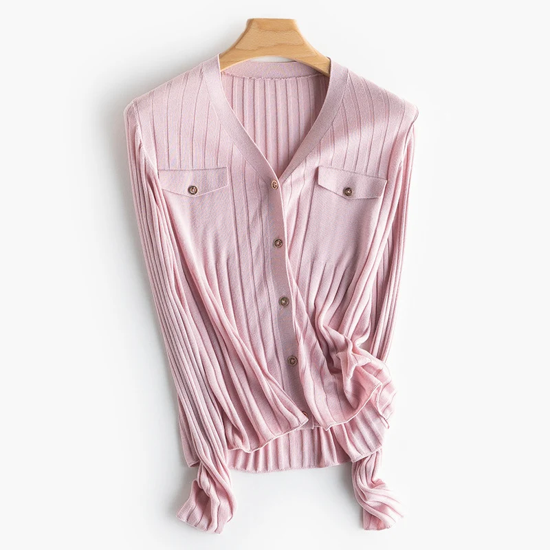 Damen Feiner gerippter Knopfcardigan mit V‑Ausschnitt und Brustklappen Drune
