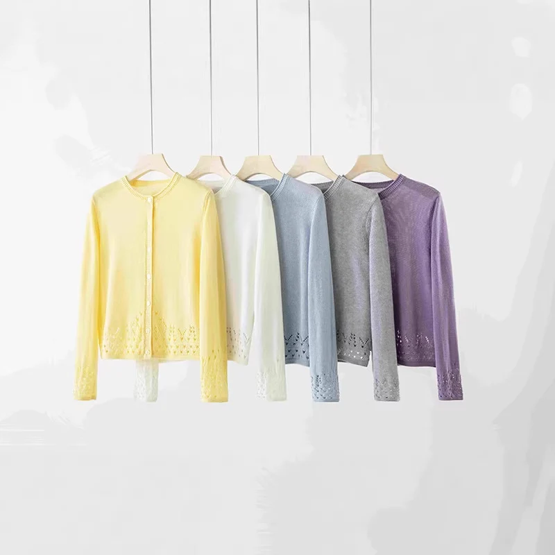 Damen Feiner Feinstrick-Cardigan mit Ajourmuster am Saum und Rundhalsausschnitt Drune