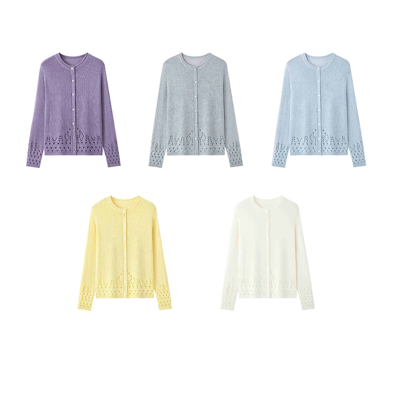 Damen Feiner Feinstrick-Cardigan mit Ajourmuster am Saum und Rundhalsausschnitt Drune