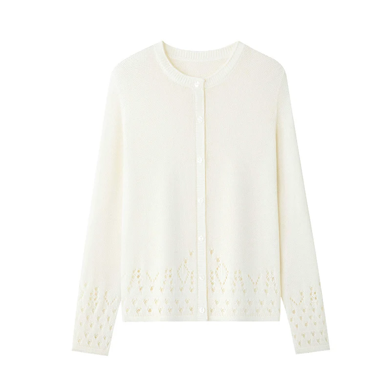 Damen Feiner Feinstrick-Cardigan mit Ajourmuster am Saum und Rundhalsausschnitt Drune