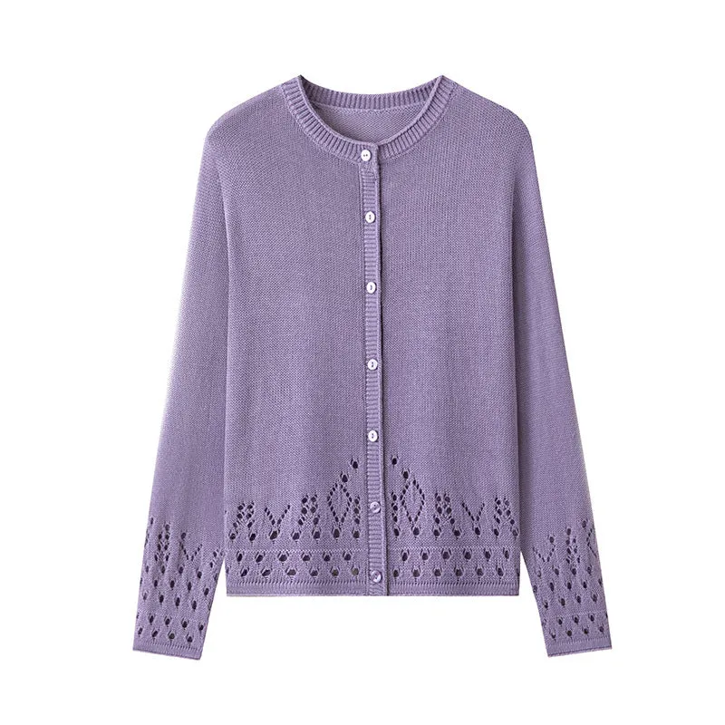 Damen Feiner Feinstrick-Cardigan mit Ajourmuster am Saum und Rundhalsausschnitt Drune