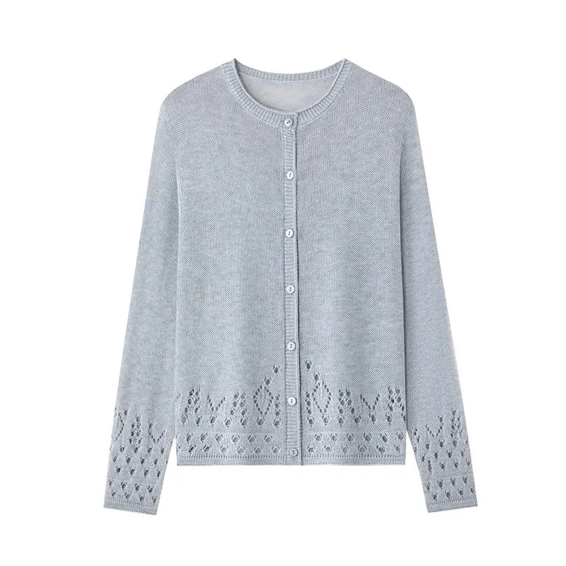 Damen Feiner Feinstrick-Cardigan mit Ajourmuster am Saum und Rundhalsausschnitt Drune