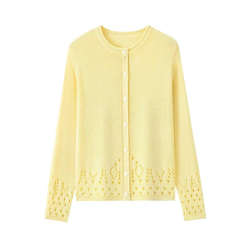 Damen Feiner Feinstrick-Cardigan mit Ajourmuster am Saum und Rundhalsausschnitt Drune