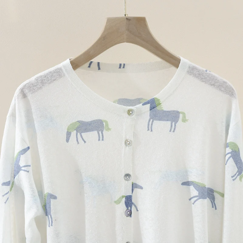 Damen Fein gestrickter Knopfcardigan mit Pferde-Print und Rundhalsausschnitt Drune