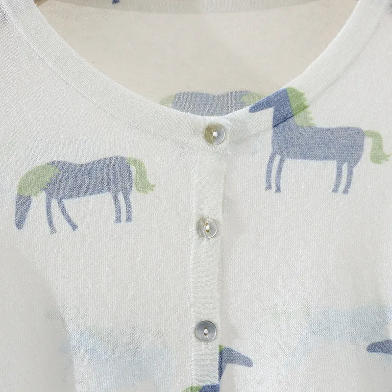 Damen Fein gestrickter Knopfcardigan mit Pferde-Print und Rundhalsausschnitt Drune