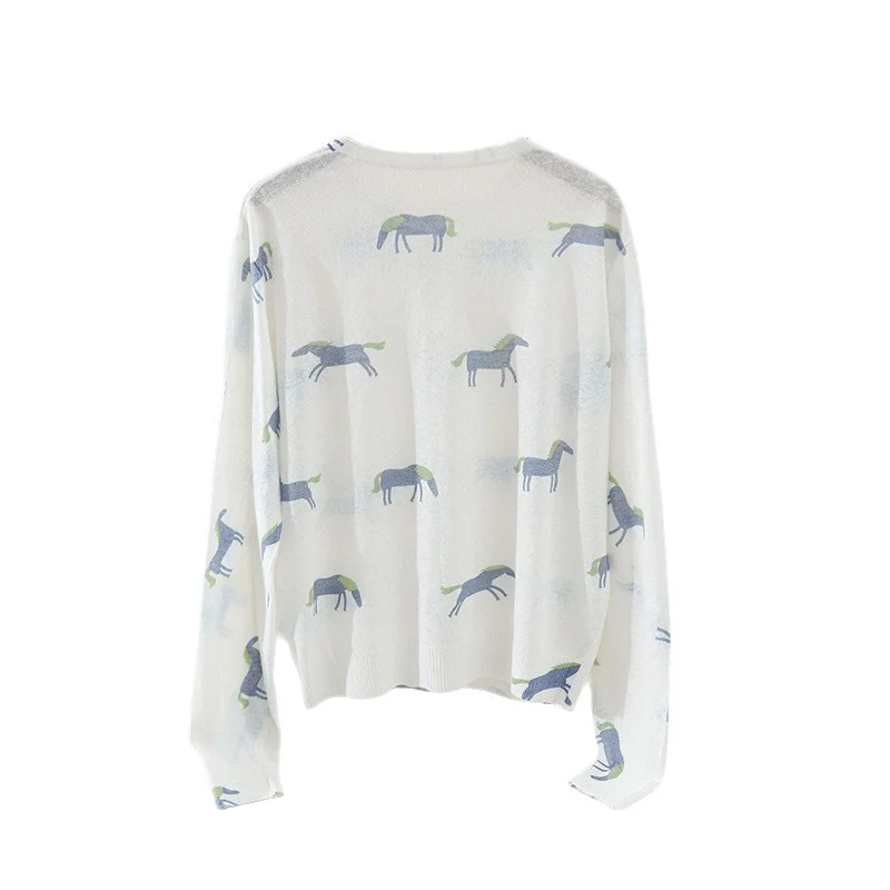 Damen Fein gestrickter Knopfcardigan mit Pferde-Print und Rundhalsausschnitt Drune
