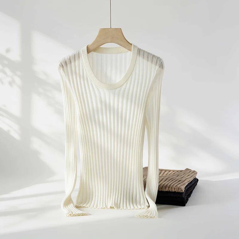 Damen Enges Feinstrick-Longsleeve mit tiefem V-Ausschnitt und breiter Rippenstruktur Drune