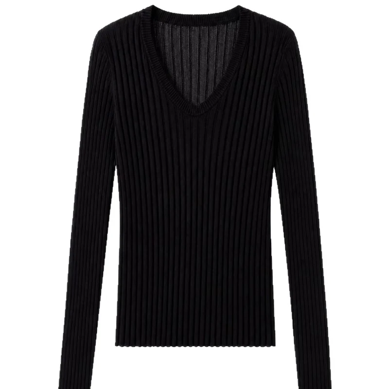 Damen Enges Feinstrick-Longsleeve mit tiefem V-Ausschnitt und breiter Rippenstruktur Drune