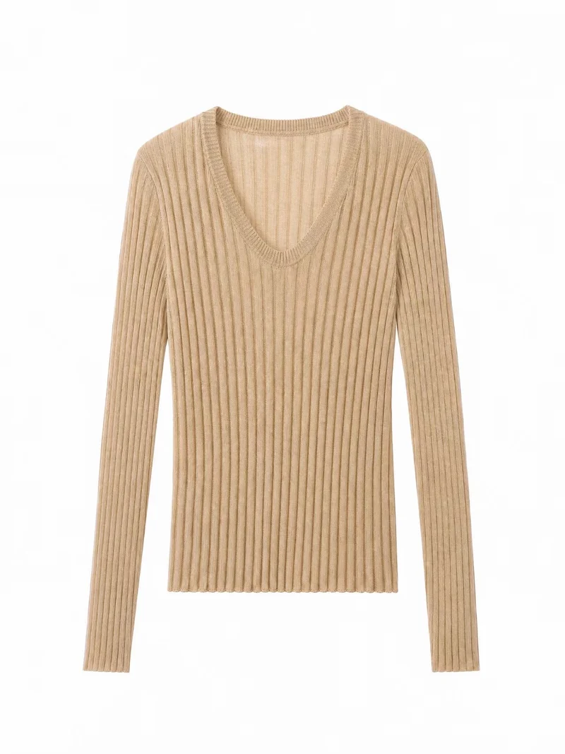 Damen Enges Feinstrick-Longsleeve mit tiefem V-Ausschnitt und breiter Rippenstruktur Drune