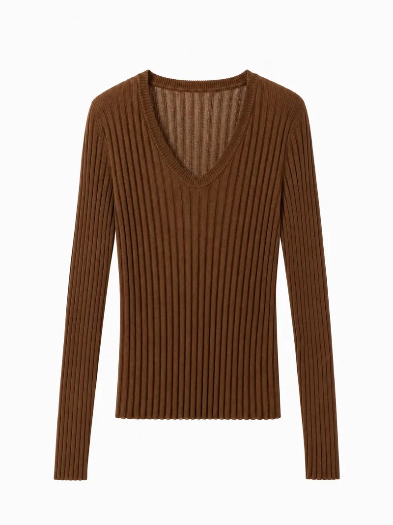 Damen Enges Feinstrick-Longsleeve mit tiefem V-Ausschnitt und breiter Rippenstruktur Drune