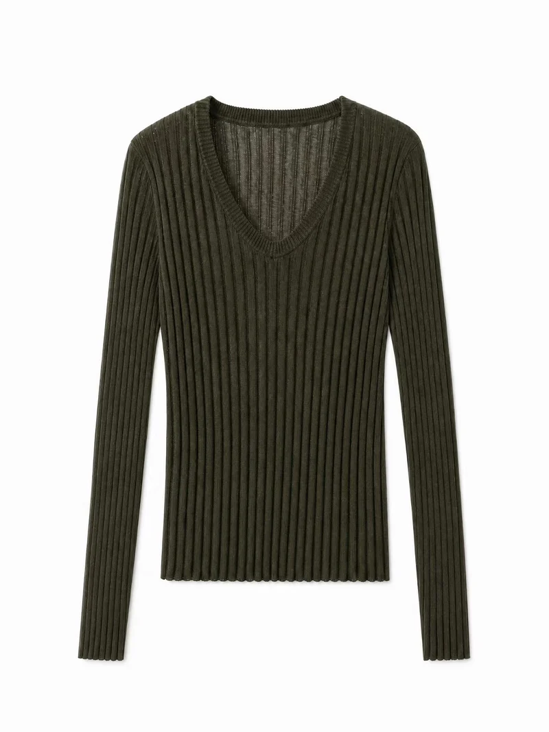 Damen Enges Feinstrick-Longsleeve mit tiefem V-Ausschnitt und breiter Rippenstruktur Drune