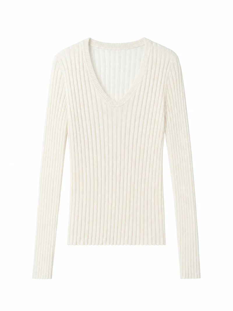 Damen Enges Feinstrick-Longsleeve mit tiefem V-Ausschnitt und breiter Rippenstruktur Drune