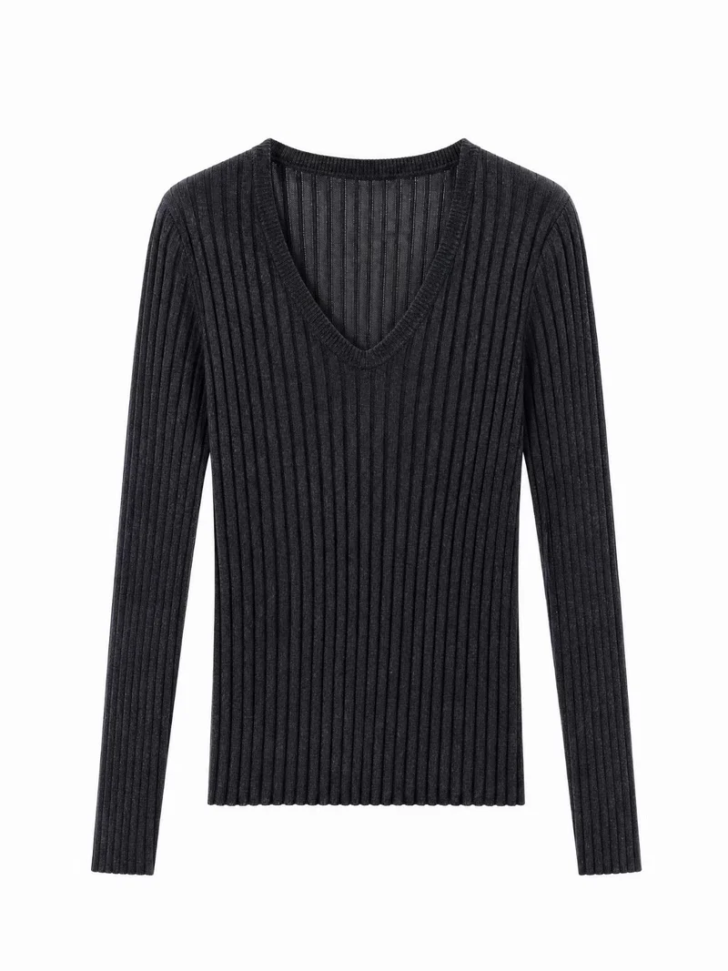 Damen Enges Feinstrick-Longsleeve mit tiefem V-Ausschnitt und breiter Rippenstruktur Drune
