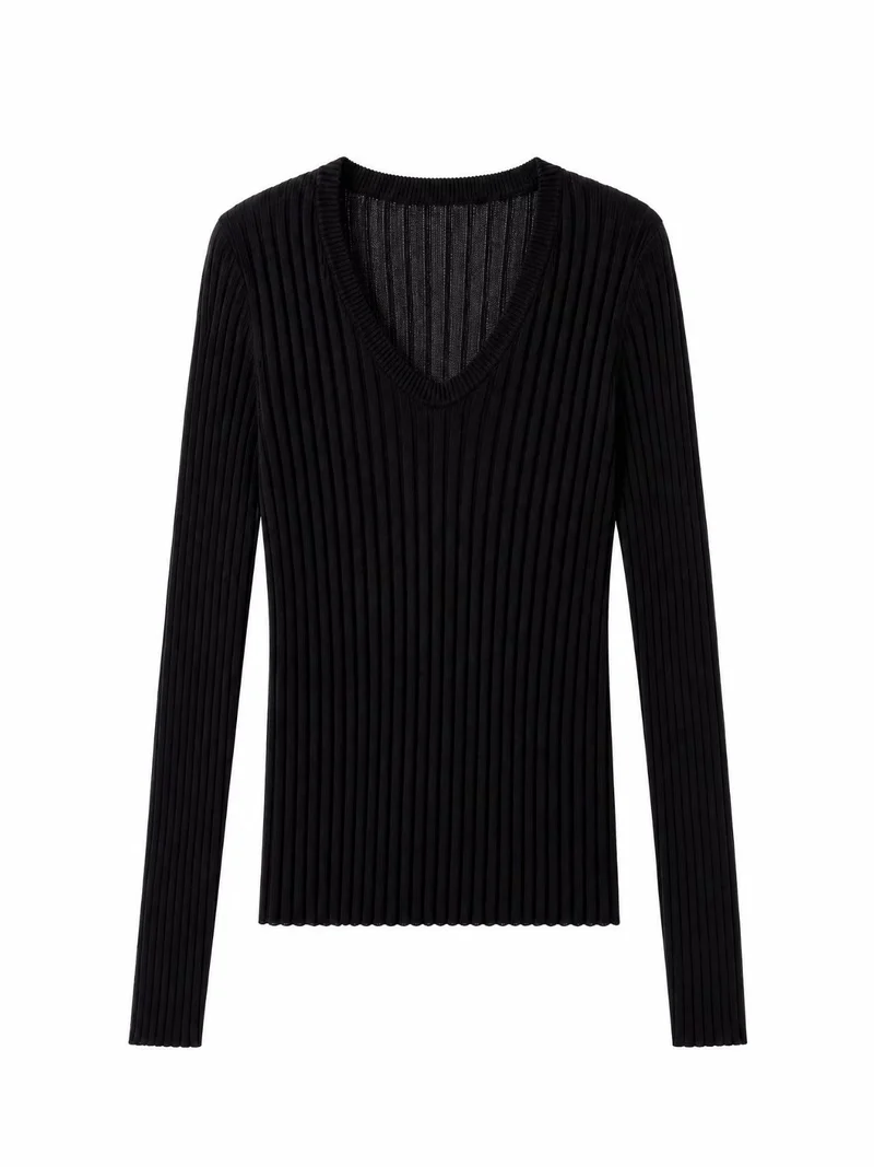 Damen Enges Feinstrick-Longsleeve mit tiefem V-Ausschnitt und breiter Rippenstruktur Drune