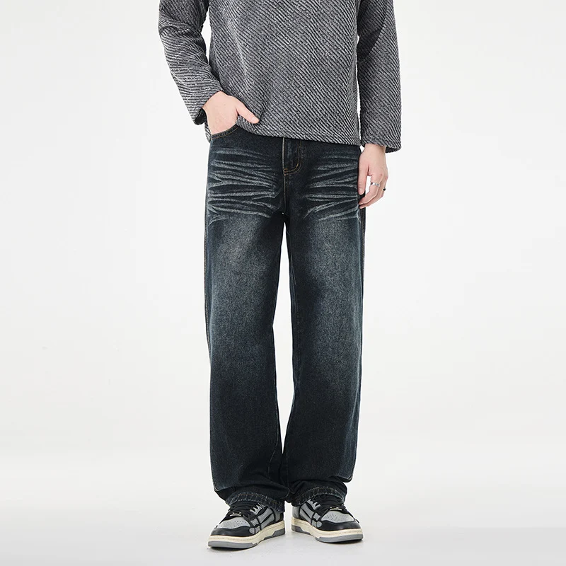 Herren Weite Vintage-Denim-Jeans mit Falteneffekt und tiefer Leibhöhe Drune