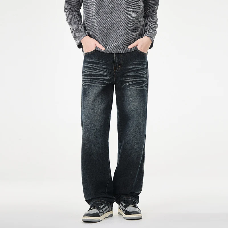 Herren Weite Vintage-Denim-Jeans mit Falteneffekt und tiefer Leibhöhe Drune