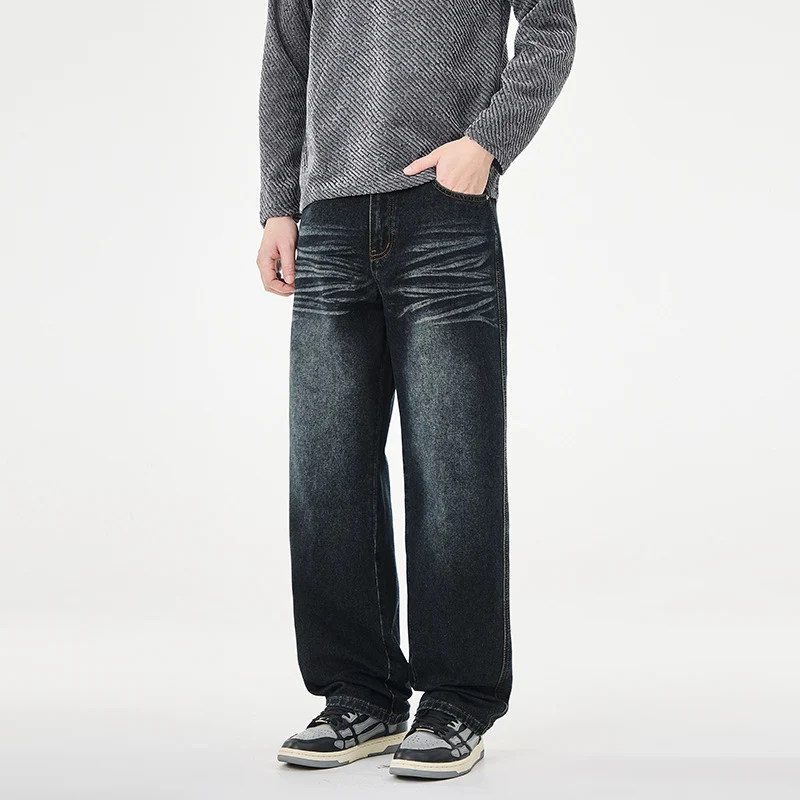 Herren Weite Vintage-Denim-Jeans mit Falteneffekt und tiefer Leibhöhe Drune