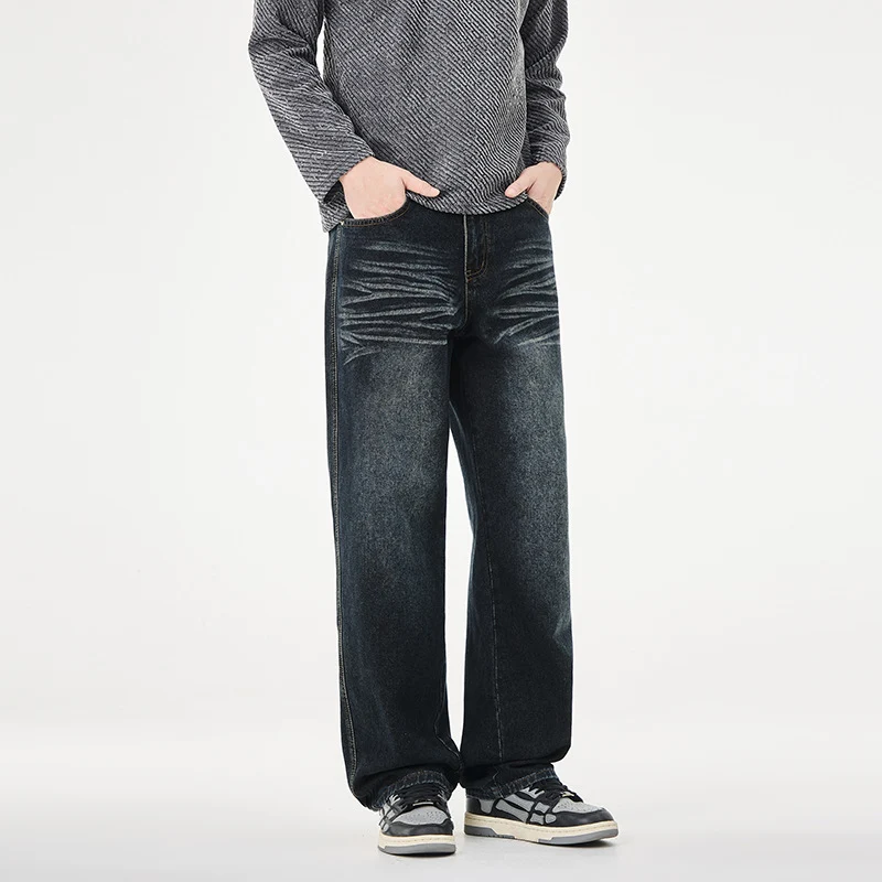 Herren Weite Vintage-Denim-Jeans mit Falteneffekt und tiefer Leibhöhe Drune