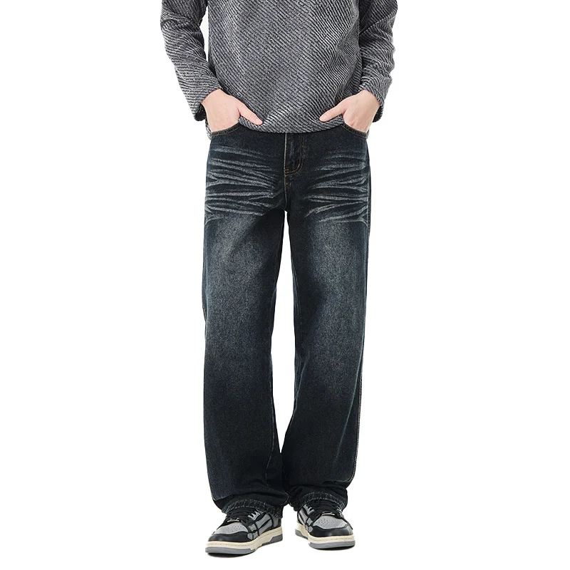 Herren Weite Vintage-Denim-Jeans mit Falteneffekt und tiefer Leibhöhe Drune