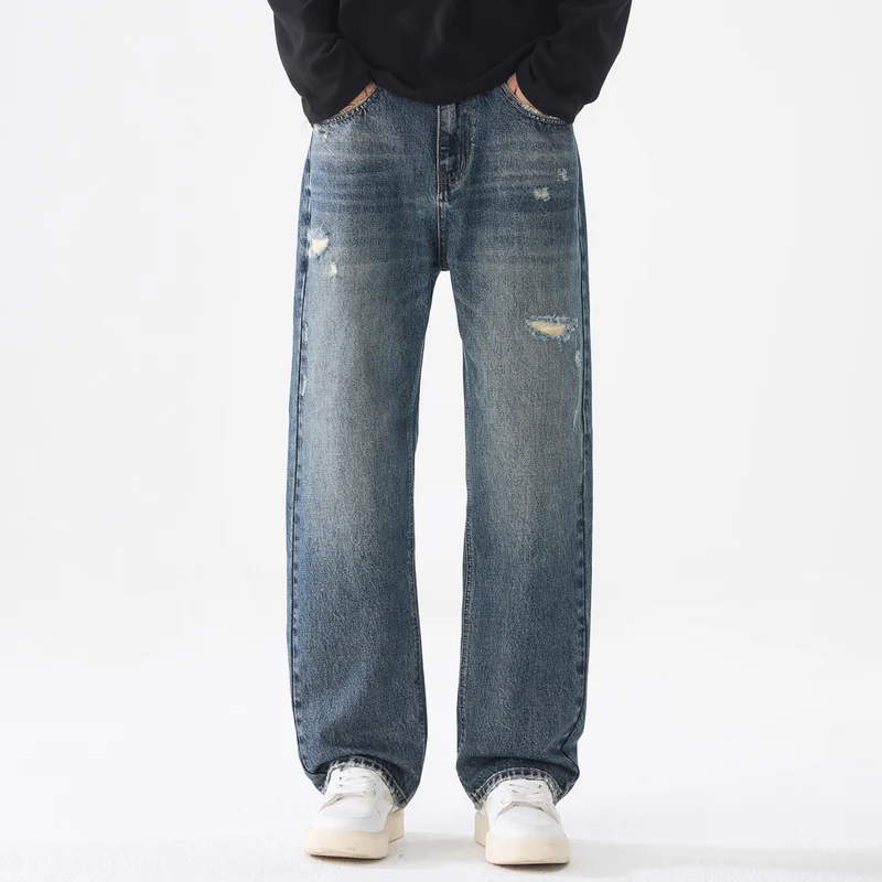 Herren Weite Relaxed-Straight Jeans aus robustem Baumwoll-Denim mit Destroyed-Akzenten Drune