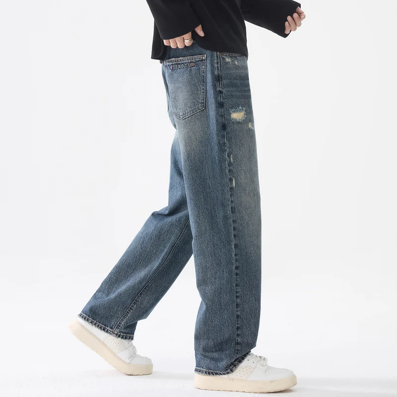 Herren Weite Relaxed-Straight Jeans aus robustem Baumwoll-Denim mit Destroyed-Akzenten Drune