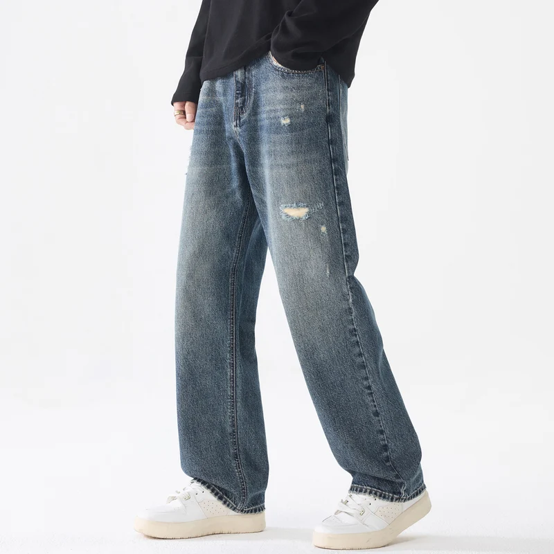 Herren Weite Relaxed-Straight Jeans aus robustem Baumwoll-Denim mit Destroyed-Akzenten Drune