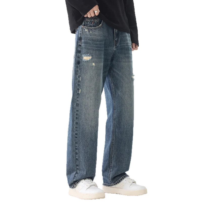 Herren Weite Relaxed-Straight Jeans aus robustem Baumwoll-Denim mit Destroyed-Akzenten Drune