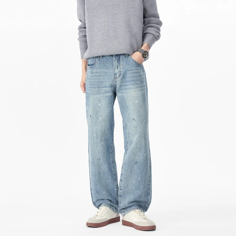Herren Weite Relaxed-Fit Denimhose mit Paint‑Splatter und Used‑Effekt Drune