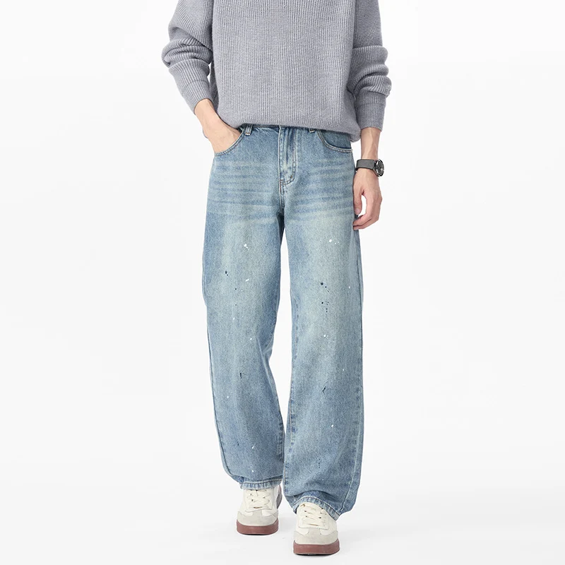 Herren Weite Relaxed-Fit Denimhose mit Paint‑Splatter und Used‑Effekt Drune