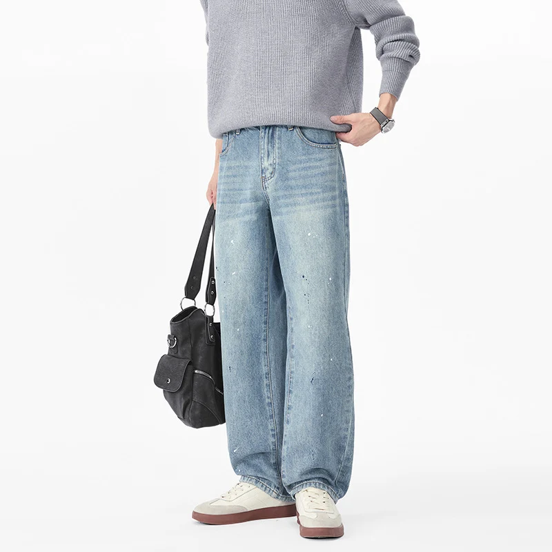 Herren Weite Relaxed-Fit Denimhose mit Paint‑Splatter und Used‑Effekt Drune