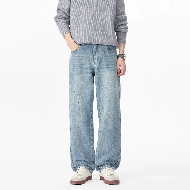 Herren Weite Relaxed-Fit Denimhose mit Paint‑Splatter und Used‑Effekt Drune